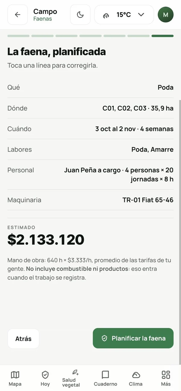 Faena planificada con su costo estimado de mano de obra.