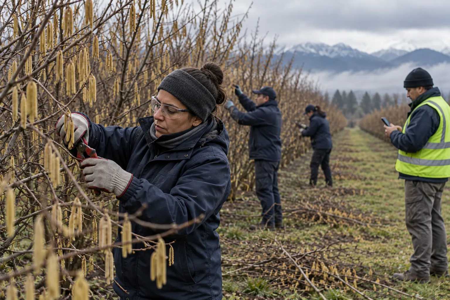 Cuadrilla podando un huerto de avellanos en invierno.