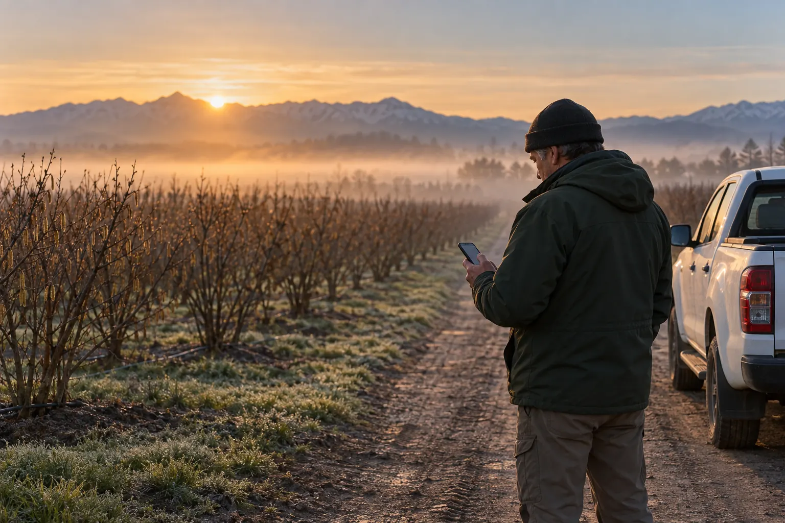 Jefe de campo al amanecer revisando su teléfono junto a la camioneta.
